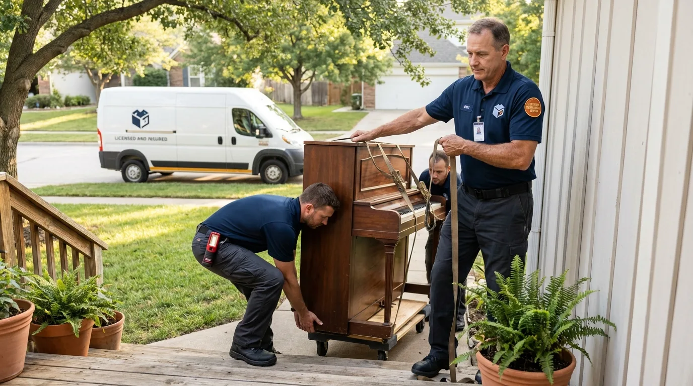 Licensed piano movers securing grand piano in Sherman, CT
