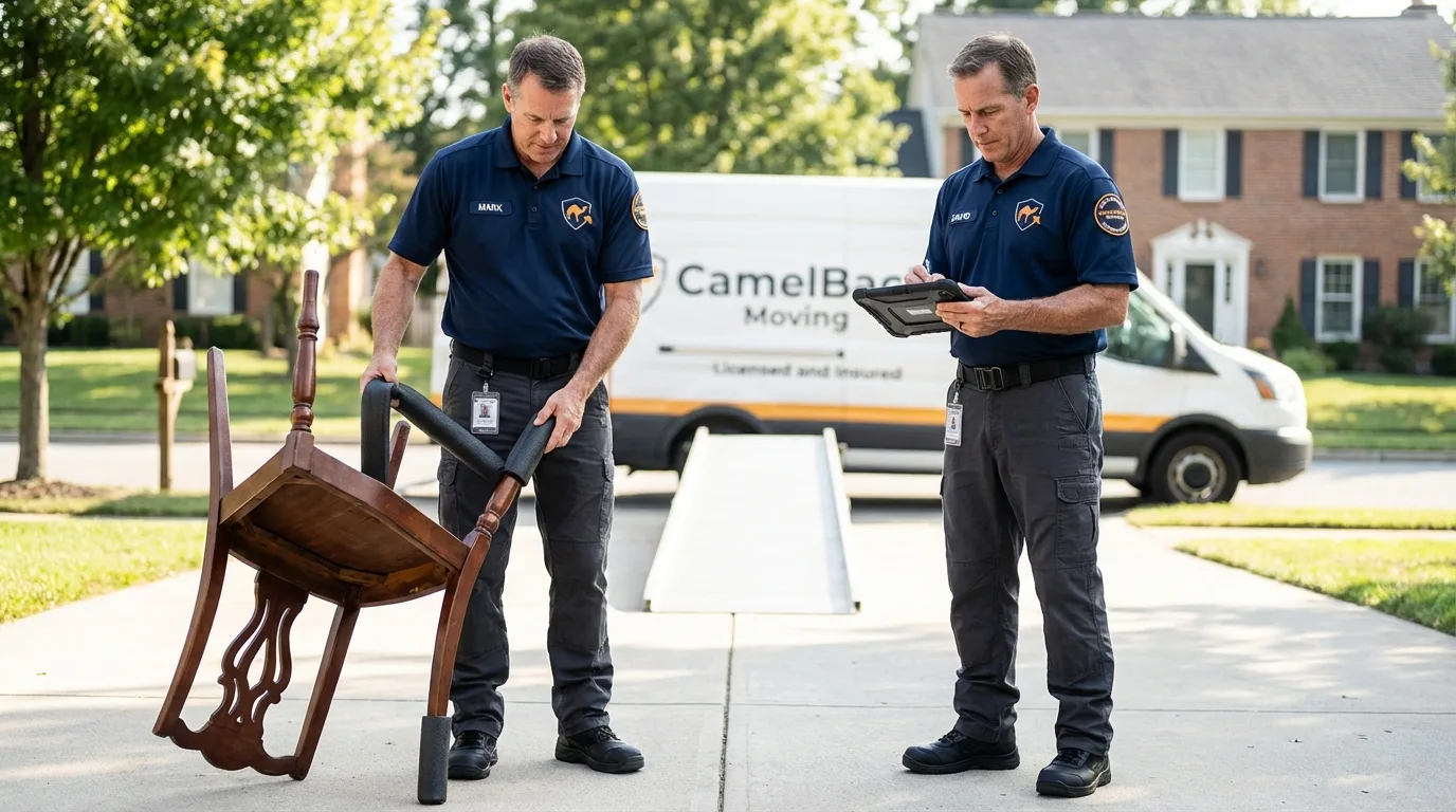Movers inspecting furniture for damage prevention before loading in Sherman, CT