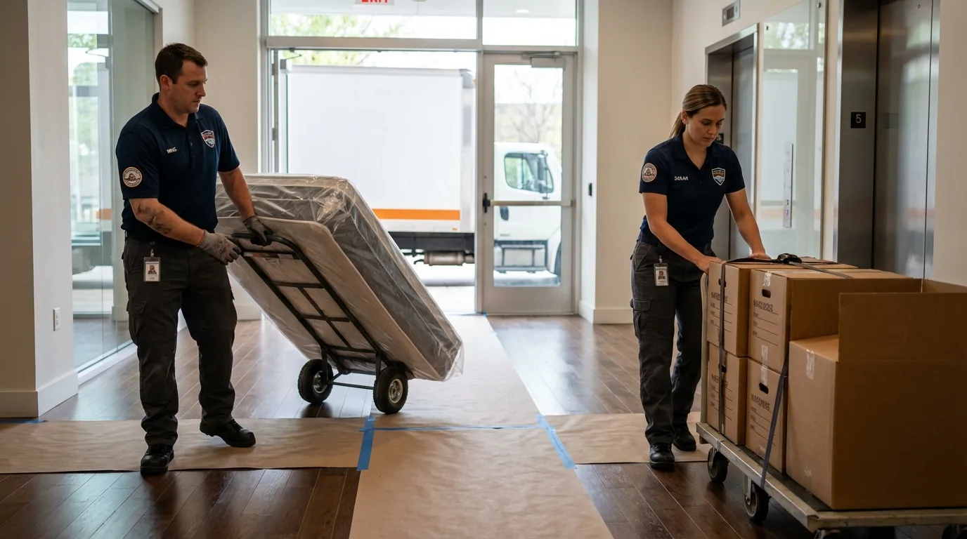 Professional apartment movers loading elevator in Sherman, CT