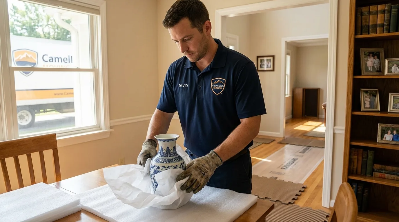 Professional crew carefully wrapping antique vase for senior downsizing move in Sherman, CT