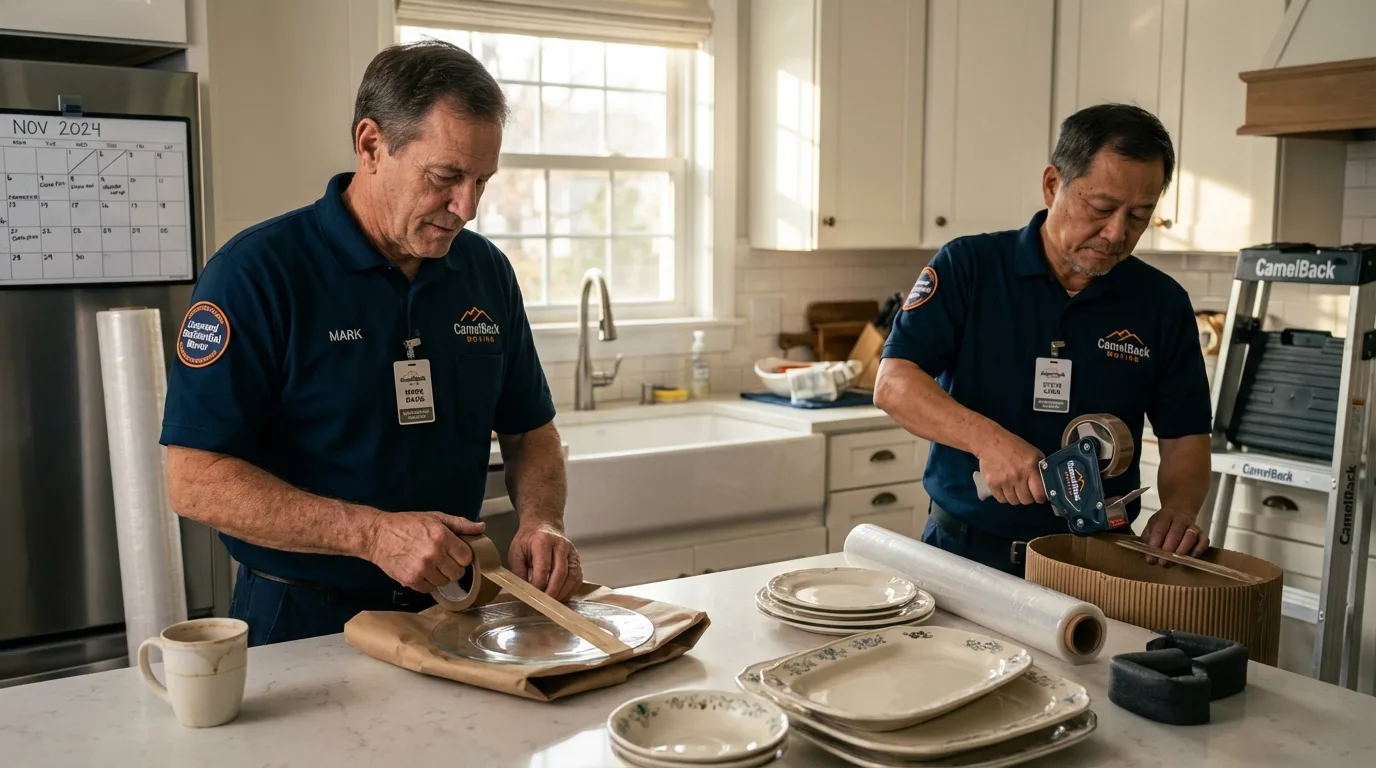 Professional crew packing kitchen dishware in Sherman, CT